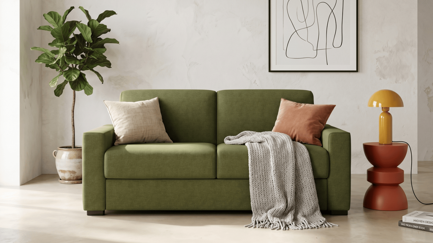 Canapé droit convertible 3 places en tissu chenille vert olive - ouverture express - Anzio Canapé droit convertible 3 places en tissu chenille vert olive - ouverture express - Anzio