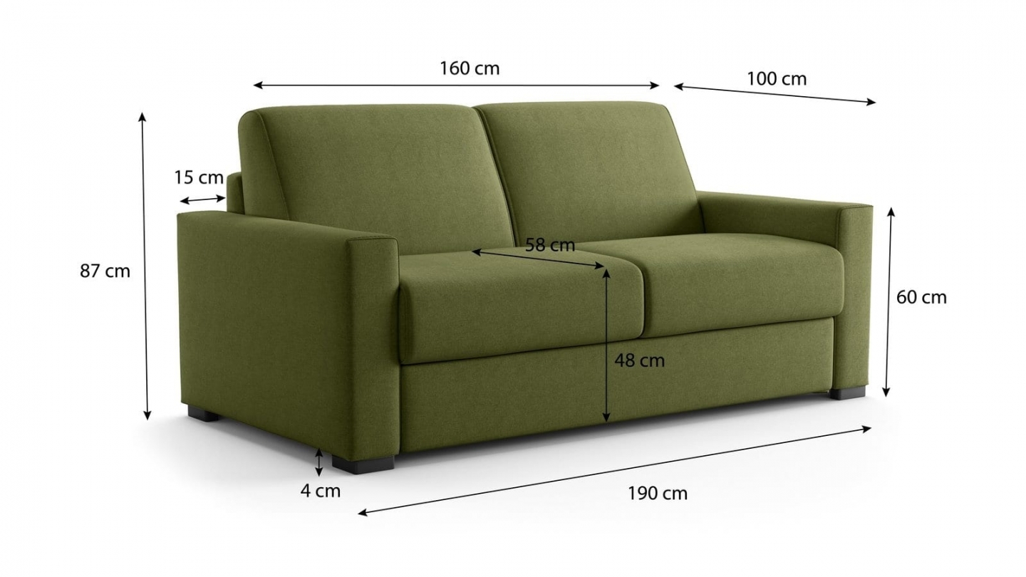 Canapé droit convertible 3 places en tissu chenille vert olive - ouverture express - Anzio Canapé droit convertible 3 places en tissu chenille vert olive - ouverture express - Anzio