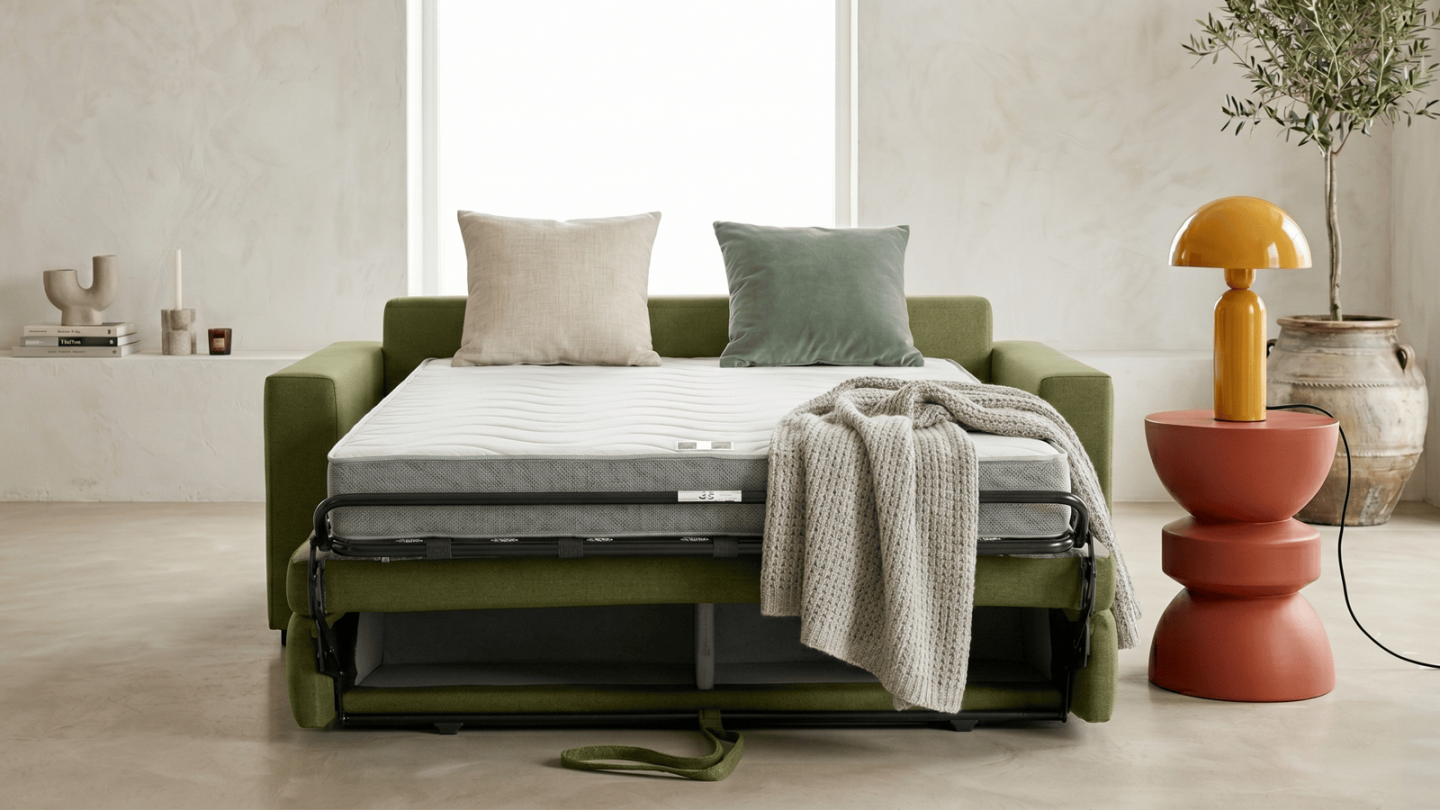 Canapé droit convertible 3 places en tissu chenille vert olive - ouverture express - Anzio Canapé droit convertible 3 places en tissu chenille vert olive - ouverture express - Anzio