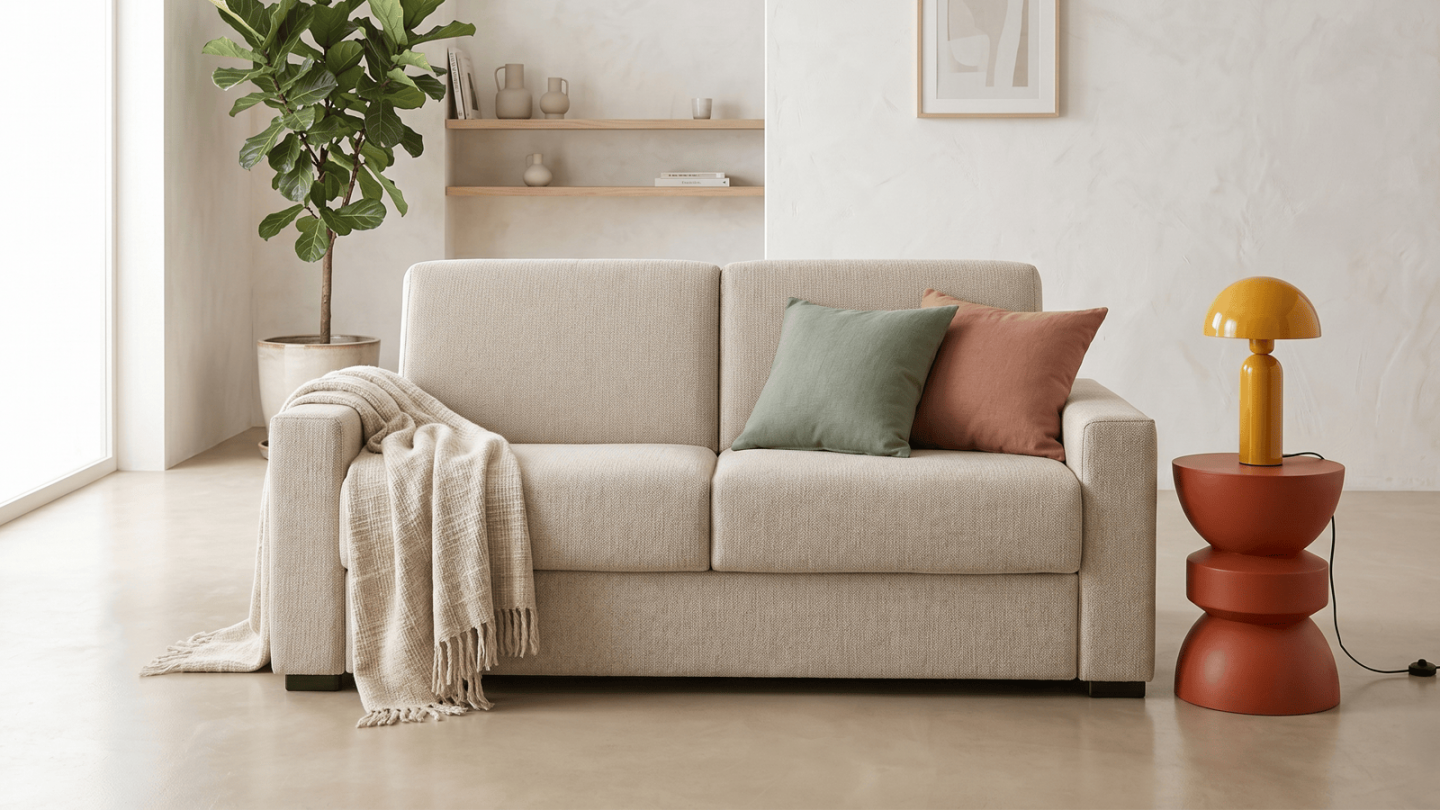 Canapé droit convertible 3 places en tissu chenille beige - ouverture express - Anzio Canapé droit convertible 3 places en tissu chenille beige - ouverture express - Anzio