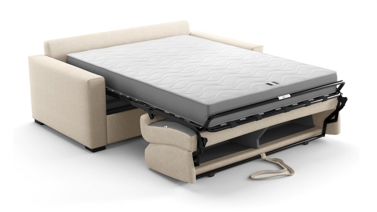 Canapé droit convertible 3 places en tissu chenille beige - ouverture express - Anzio Canapé droit convertible 3 places en tissu chenille beige - ouverture express - Anzio