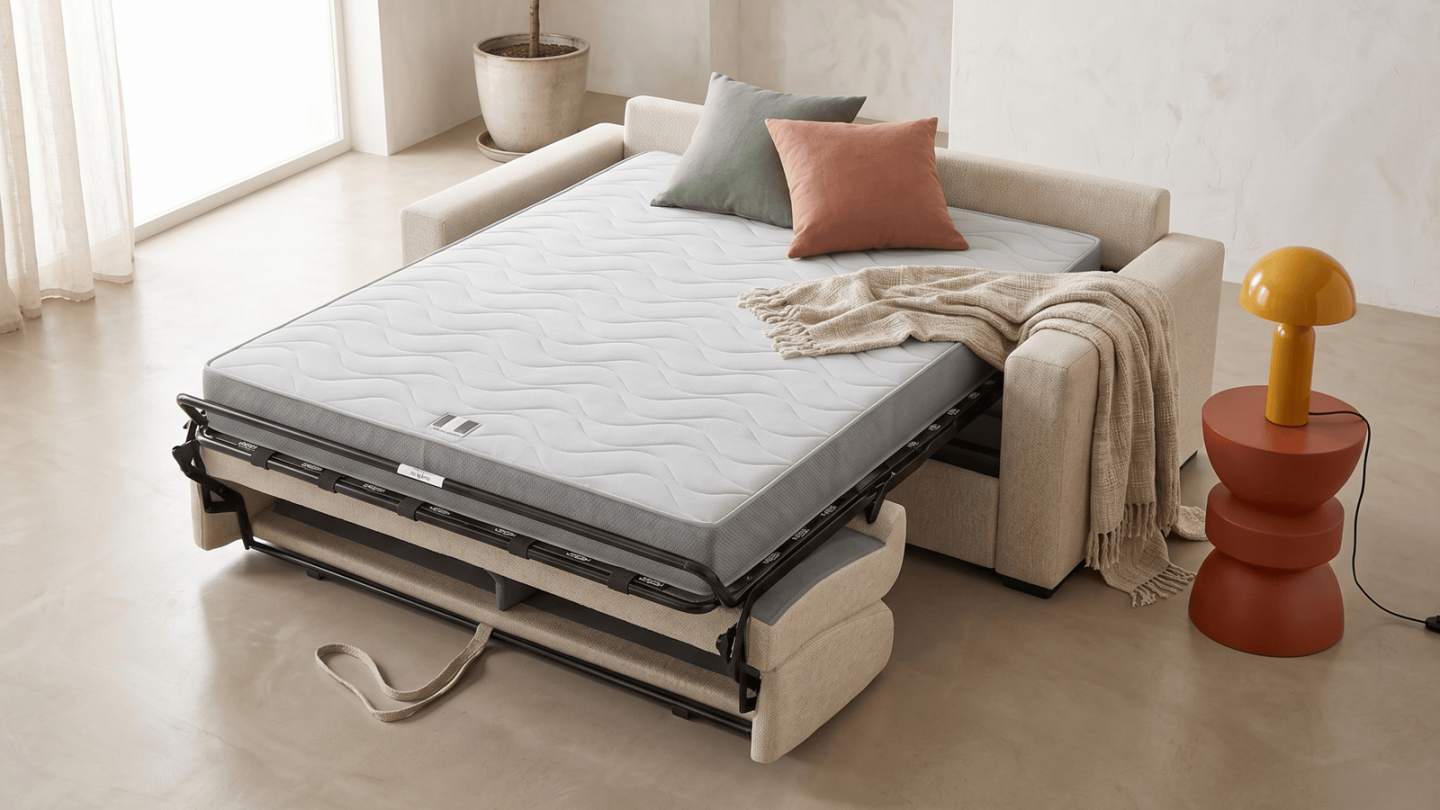 Canapé droit convertible 3 places en tissu chenille beige - ouverture express - Anzio Canapé droit convertible 3 places en tissu chenille beige - ouverture express - Anzio