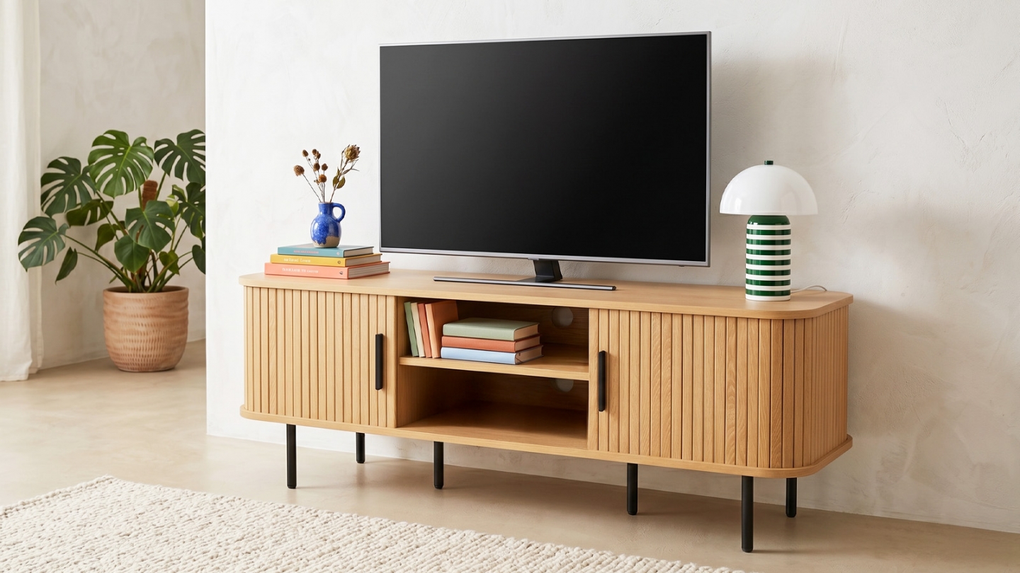 Meuble TV 2 portes 2 niches effet Chêne 120 cm - Sora Meuble TV 2 portes 2 niches effet Chêne 120 cm - Sora