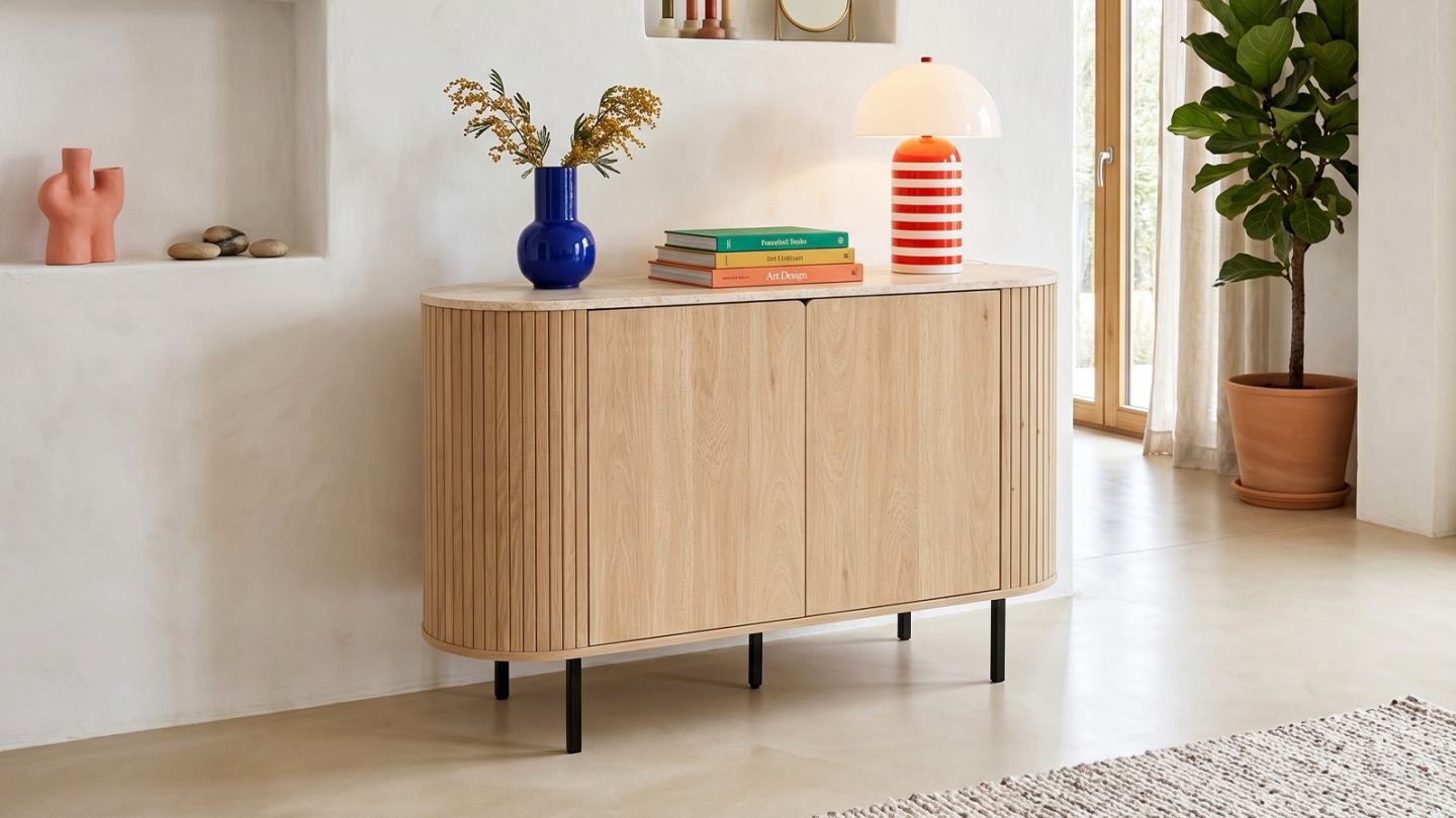 Buffet 2 portes effet Chêne et Travertin 120 cm - Juna Buffet 2 portes effet Chêne et Travertin 120 cm - Juna