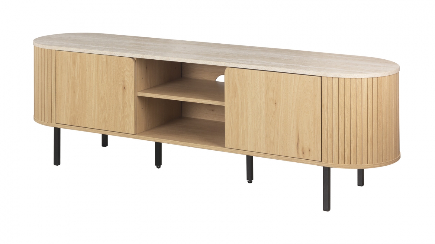 Meuble TV 2 portes 2 niches effet Chêne et Travertin 160 cm - Juna Meuble TV 2 portes 2 niches effet Chêne et Travertin 160 cm - Juna