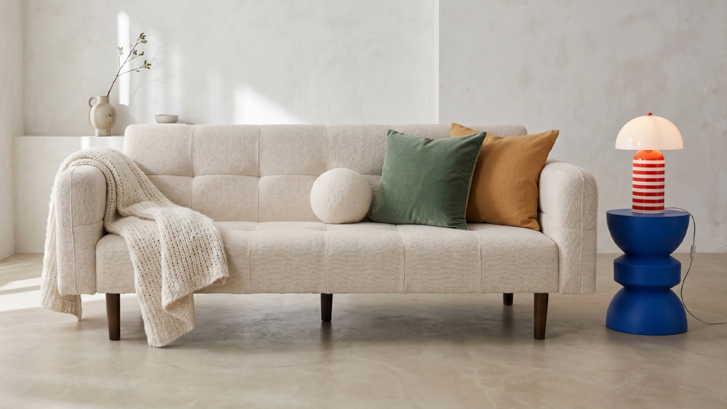 Canapé convertible 3 places en tissu chenille beige - Pavia Canapé convertible 3 places en tissu chenille beige - Pavia