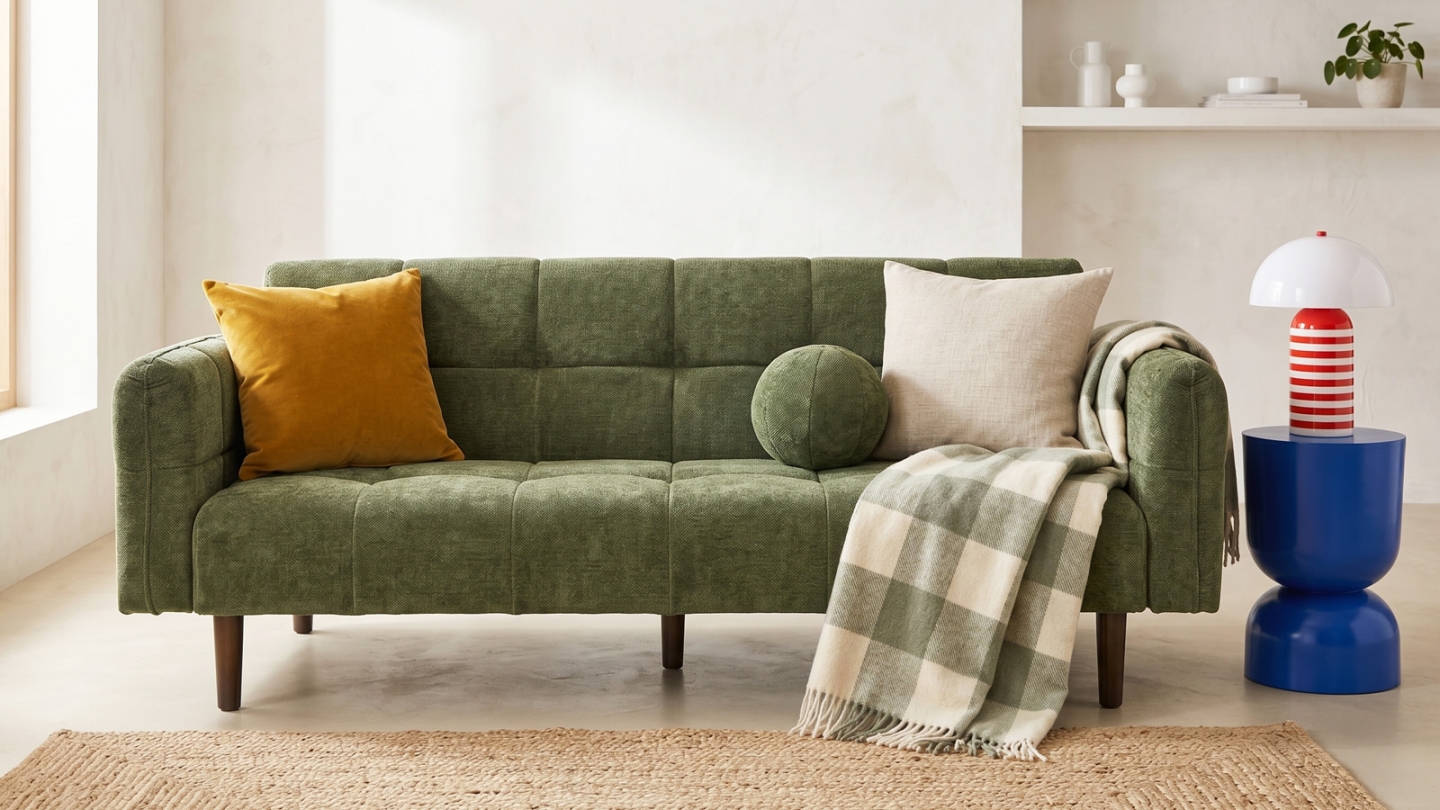 Canapé convertible 3 places en tissu chenille vert olive - Pavia Canapé convertible 3 places en tissu chenille vert olive - Pavia