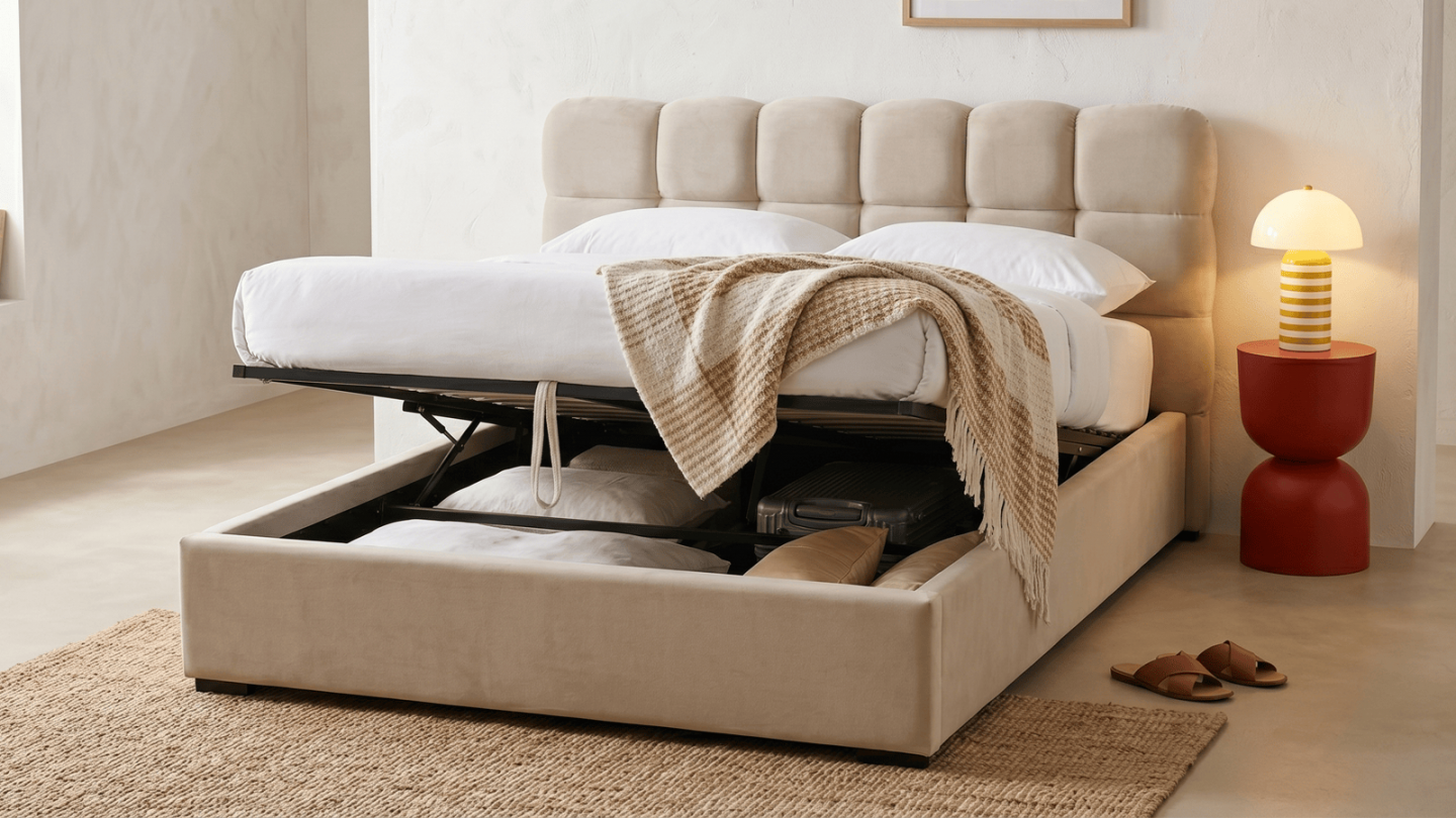 Lit coffre adulte 140x190 cm avec sommier et tête de lit capitonnée en velours beige - Lola Lit coffre adulte 140x190 cm avec sommier et tête de lit capitonnée en velours beige - Lola