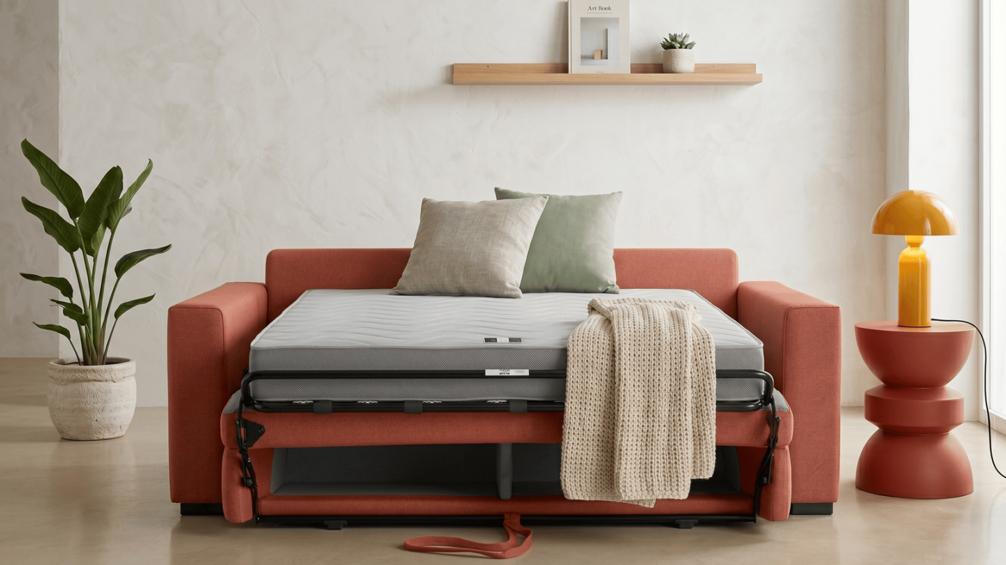 Canapé droit convertible 3 places en tissu chenille terracotta - ouverture express - Anzio Canapé droit convertible 3 places en tissu chenille terracotta - ouverture express - Anzio