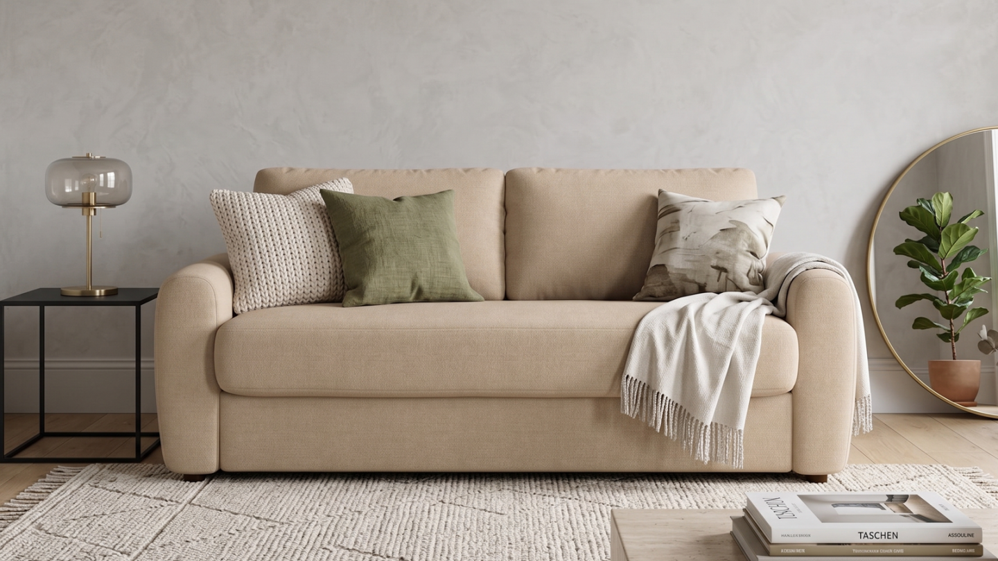 Canapé droit convertible 3 places en tissu chenille taupe - ouverture express - Salvia Canapé droit convertible 3 places en tissu chenille taupe - ouverture express - Salvia