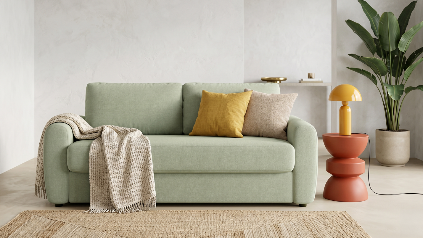 Canapé droit convertible 3 places en tissu chenille vert sauge - ouverture express - Salvia Canapé droit convertible 3 places en tissu chenille vert sauge - ouverture express - Salvia