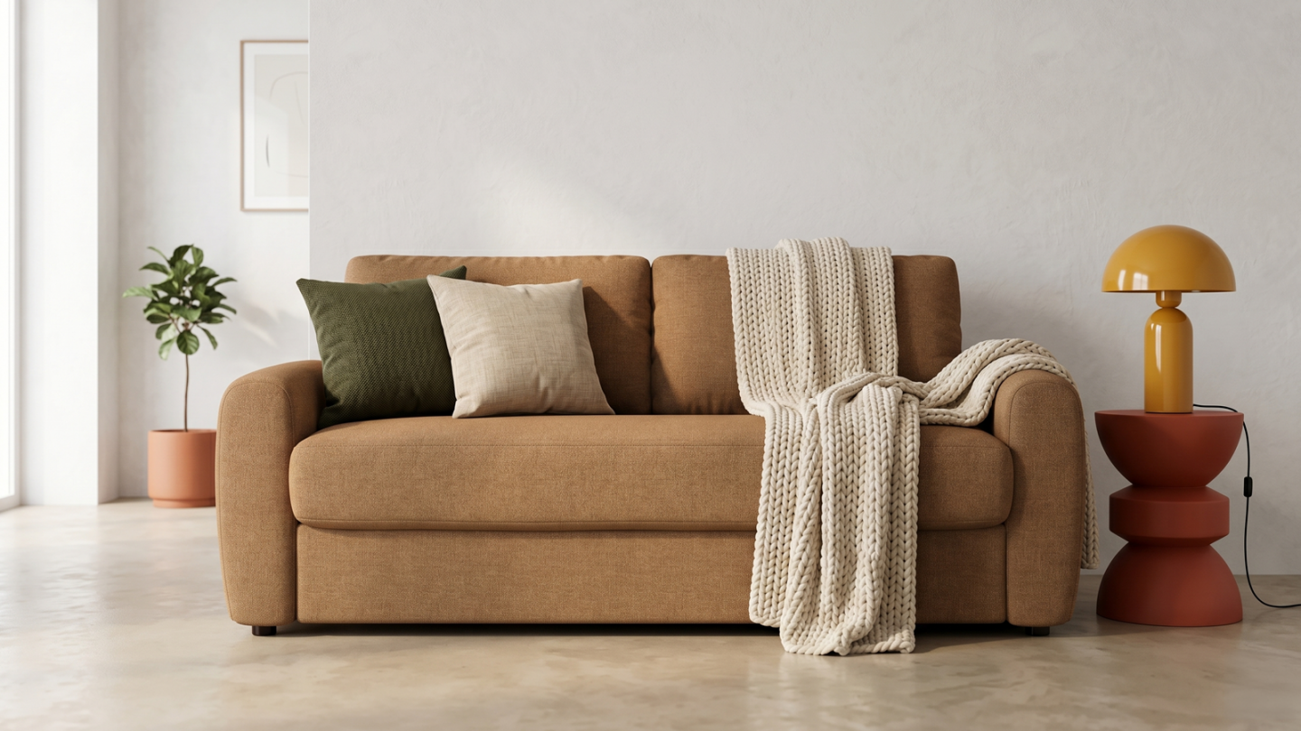 Canapé droit convertible 3 places en tissu chenille moka - ouverture express - Salvia Canapé droit convertible 3 places en tissu chenille moka - ouverture express - Salvia