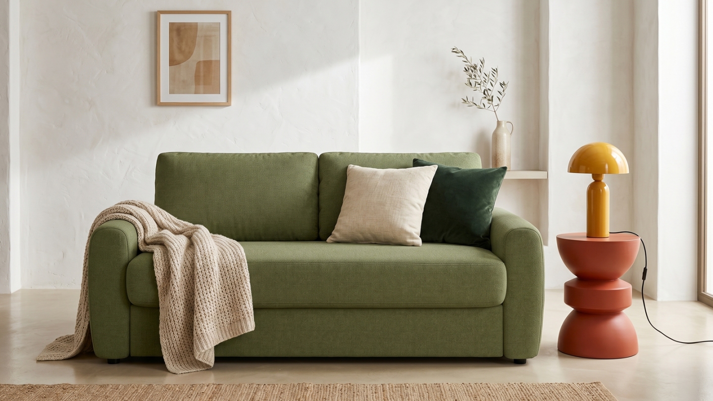 Canapé droit convertible 3 places en tissu chenille vert olive - ouverture express - Salvia Canapé droit convertible 3 places en tissu chenille vert olive - ouverture express - Salvia