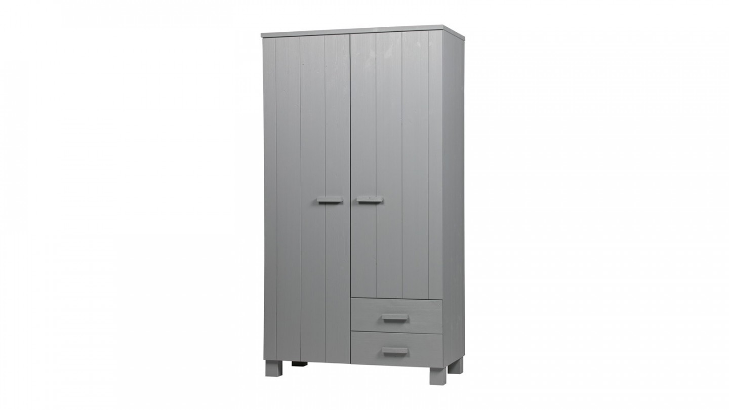 Armoire 2 portes 2 tiroirs en pin gris béton - Collection Dennis - Woood