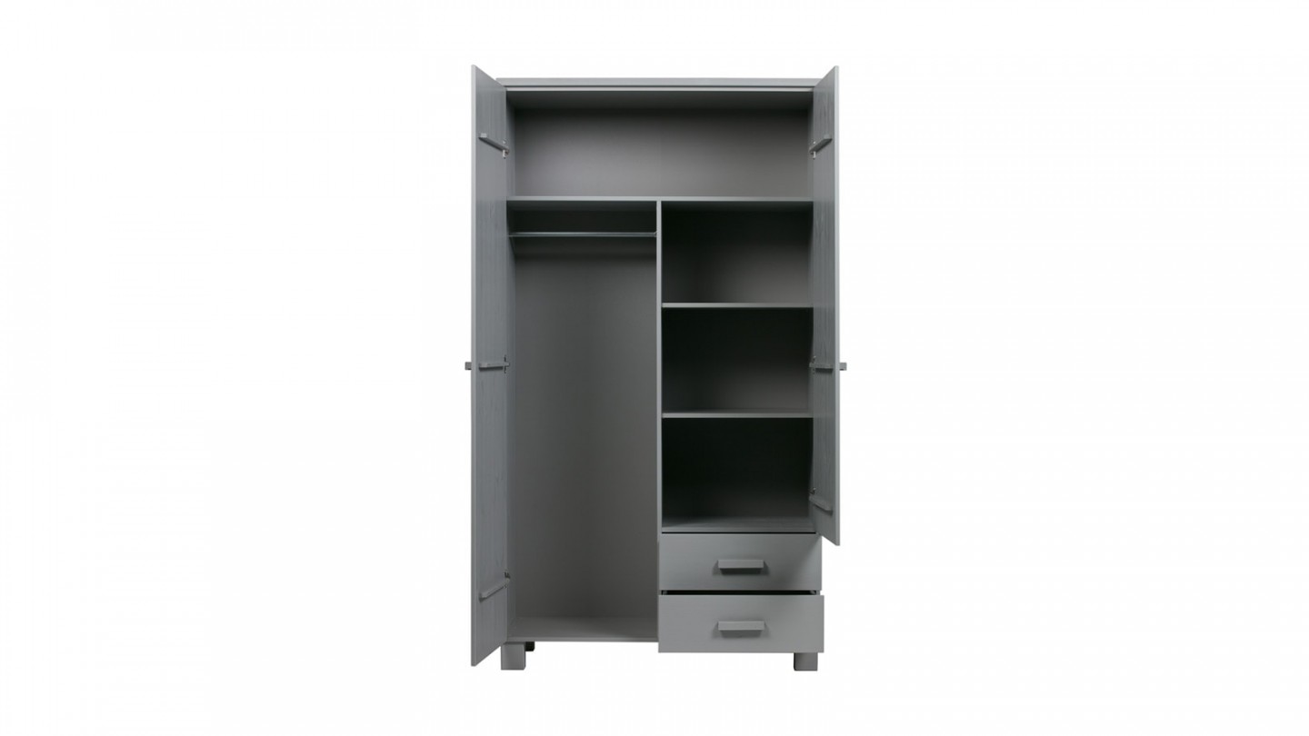 Armoire 2 portes 2 tiroirs en pin gris béton - Collection Dennis - Woood