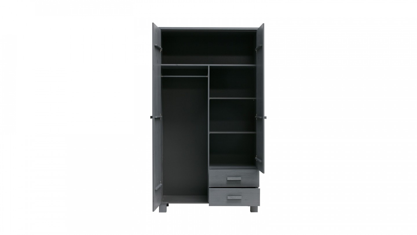 Armoire 2 portes 2 tiroirs en pin gris anthracite - Collection Dennis - Woood