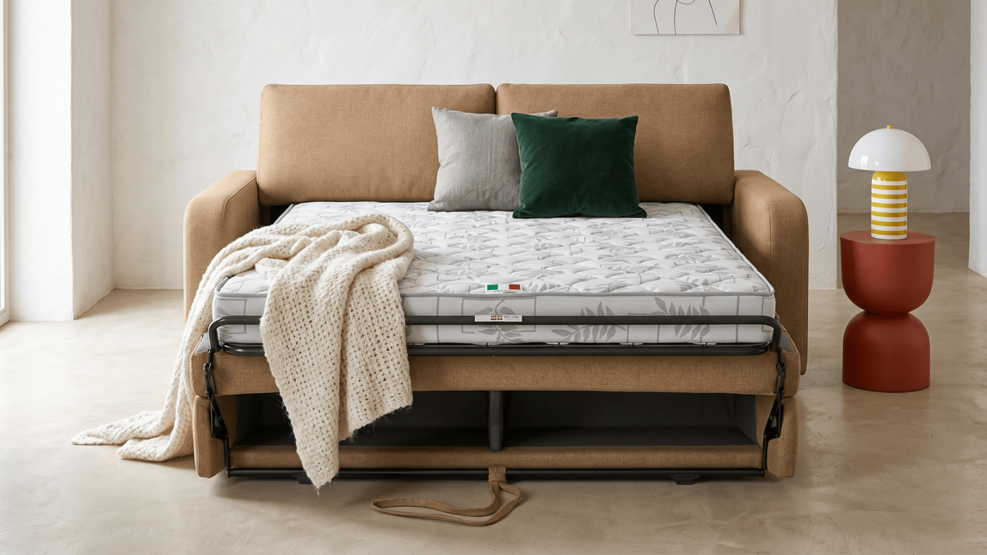 Canapé droit convertible 3 places en tissu chenille moka - ouverture express - Lumio Canapé droit convertible 3 places en tissu chenille moka - ouverture express - Lumio