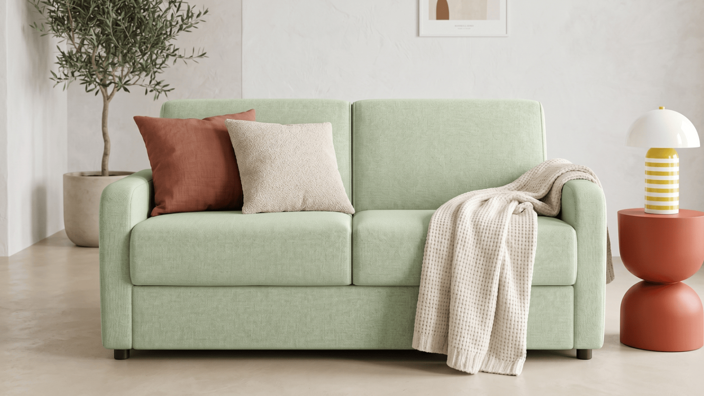 Canapé droit convertible 3 places en tissu chenille vert sauge - ouverture express - Lumio Canapé droit convertible 3 places en tissu chenille vert sauge - ouverture express - Lumio