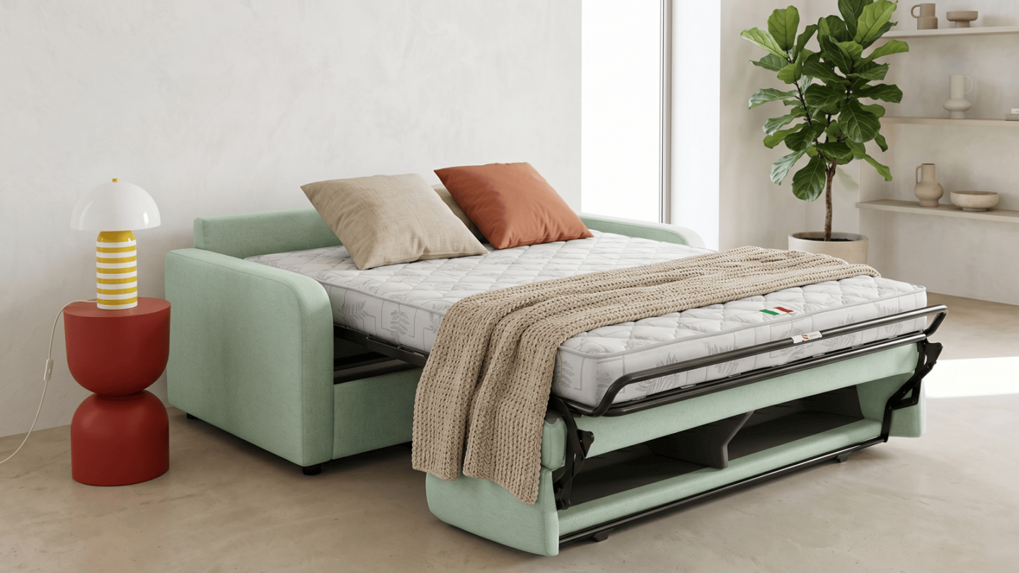 Canapé droit convertible 3 places en tissu chenille vert sauge - ouverture express - Lumio Canapé droit convertible 3 places en tissu chenille vert sauge - ouverture express - Lumio