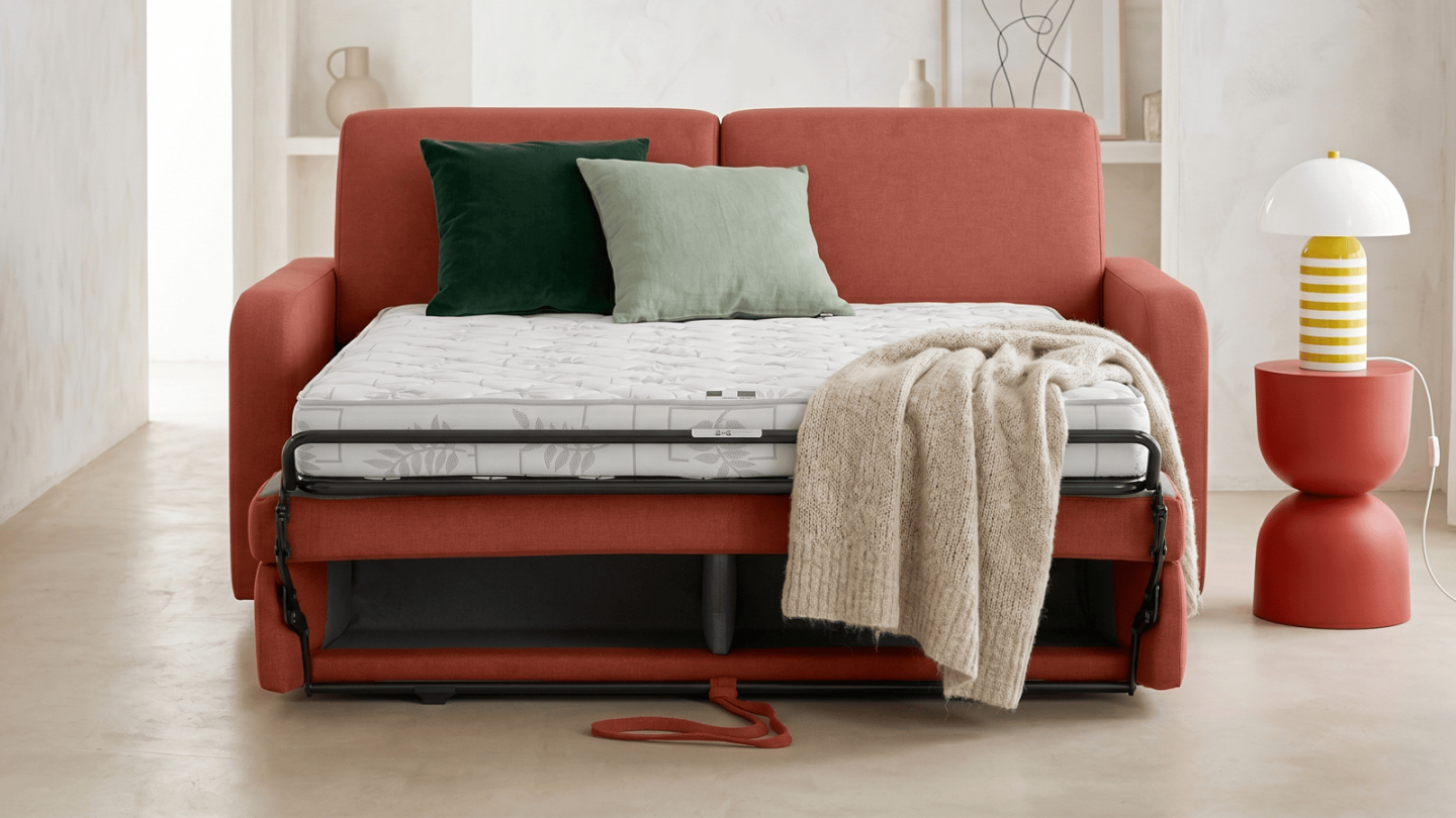 Canapé droit convertible 3 places en tissu chenille terracotta - ouverture express - Lumio Canapé droit convertible 3 places en tissu chenille terracotta - ouverture express - Lumio