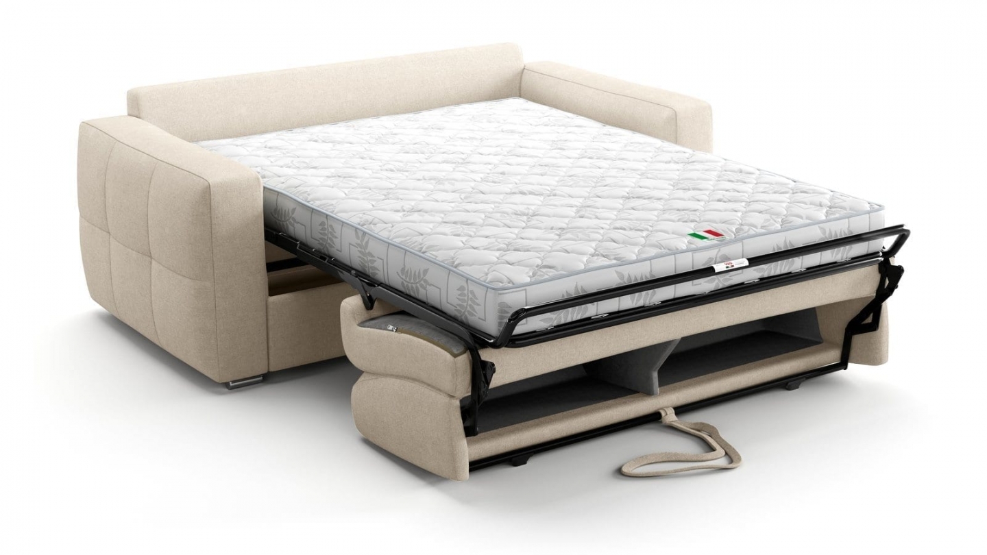 Canapé capitonné convertible 3 places en tissu chenille beige - ouverture express - Cassian Canapé capitonné convertible 3 places en tissu chenille beige - ouverture express - Cassian