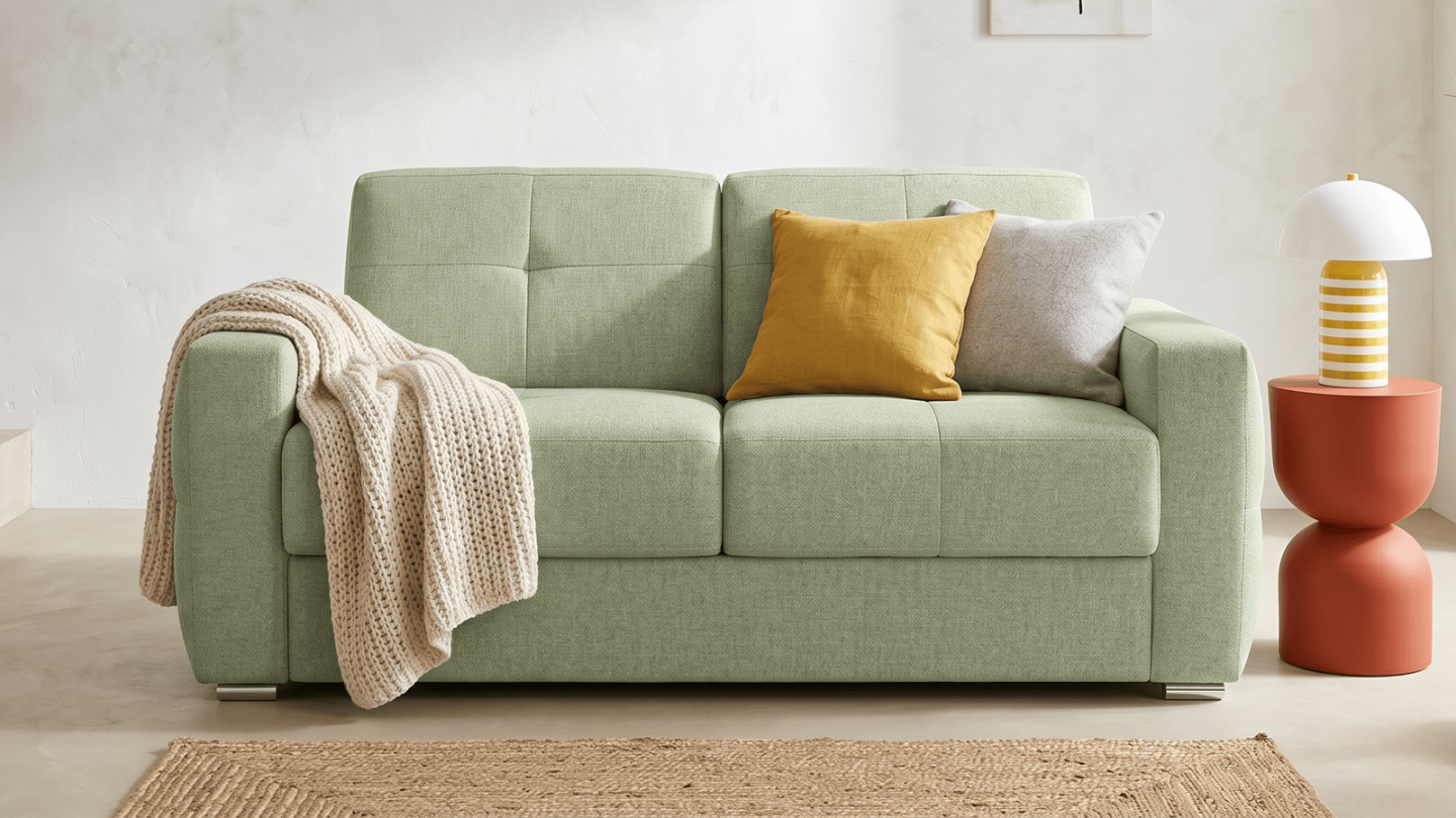 Canapé capitonné convertible 3 places en tissu chenille vert sauge - ouverture express - Cassian Canapé capitonné convertible 3 places en tissu chenille vert sauge - ouverture express - Cassian