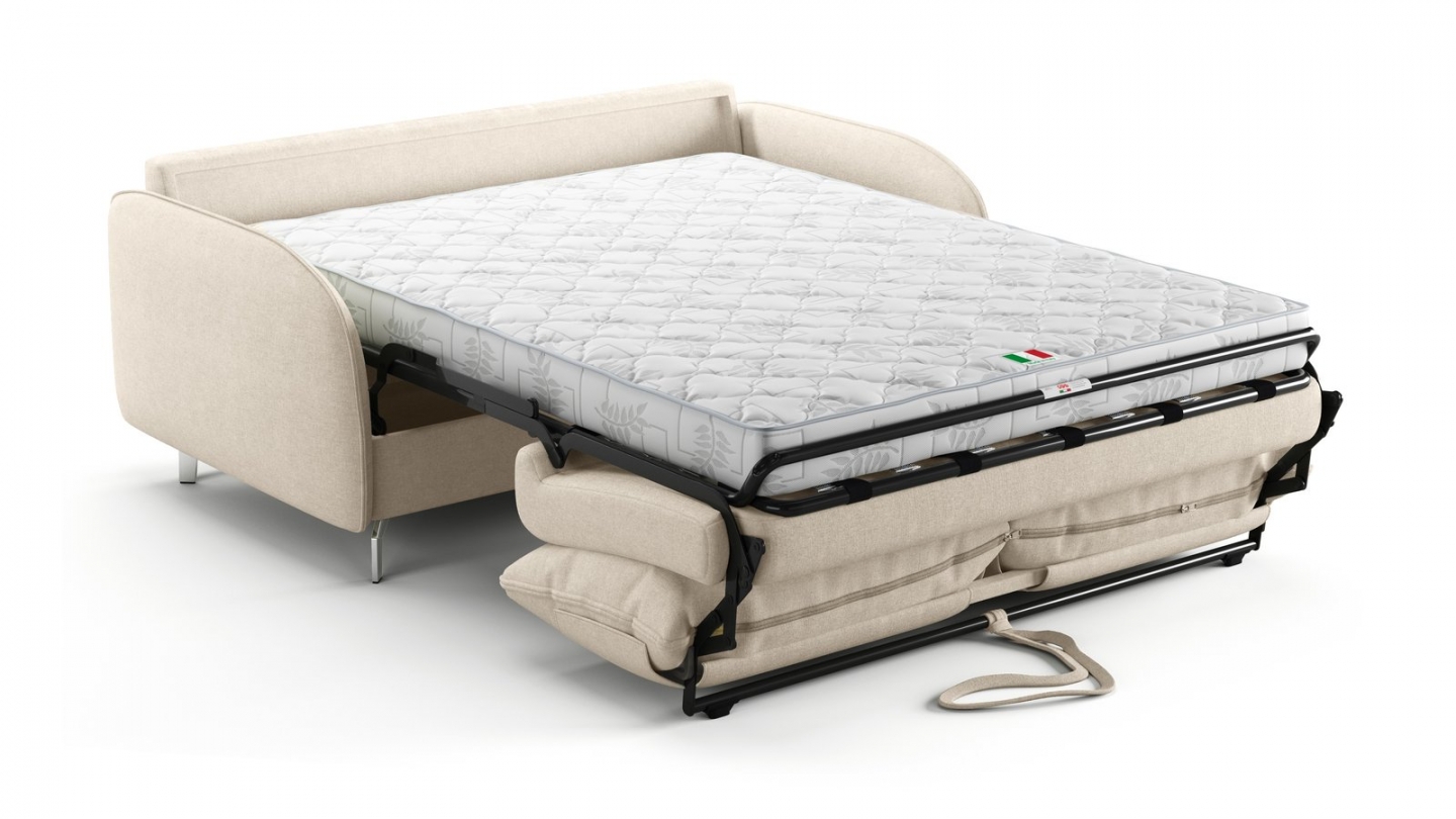 Canapé droit convertible 3 places en tissu chenille beige - ouverture express - Novoli Canapé droit convertible 3 places en tissu chenille beige - ouverture express - Novoli