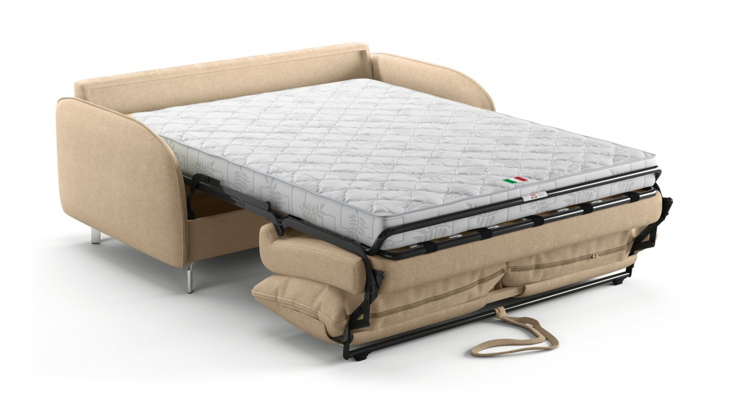 Canapé droit convertible 3 places en tissu chenille taupe - ouverture express - Novoli Canapé droit convertible 3 places en tissu chenille taupe - ouverture express - Novoli