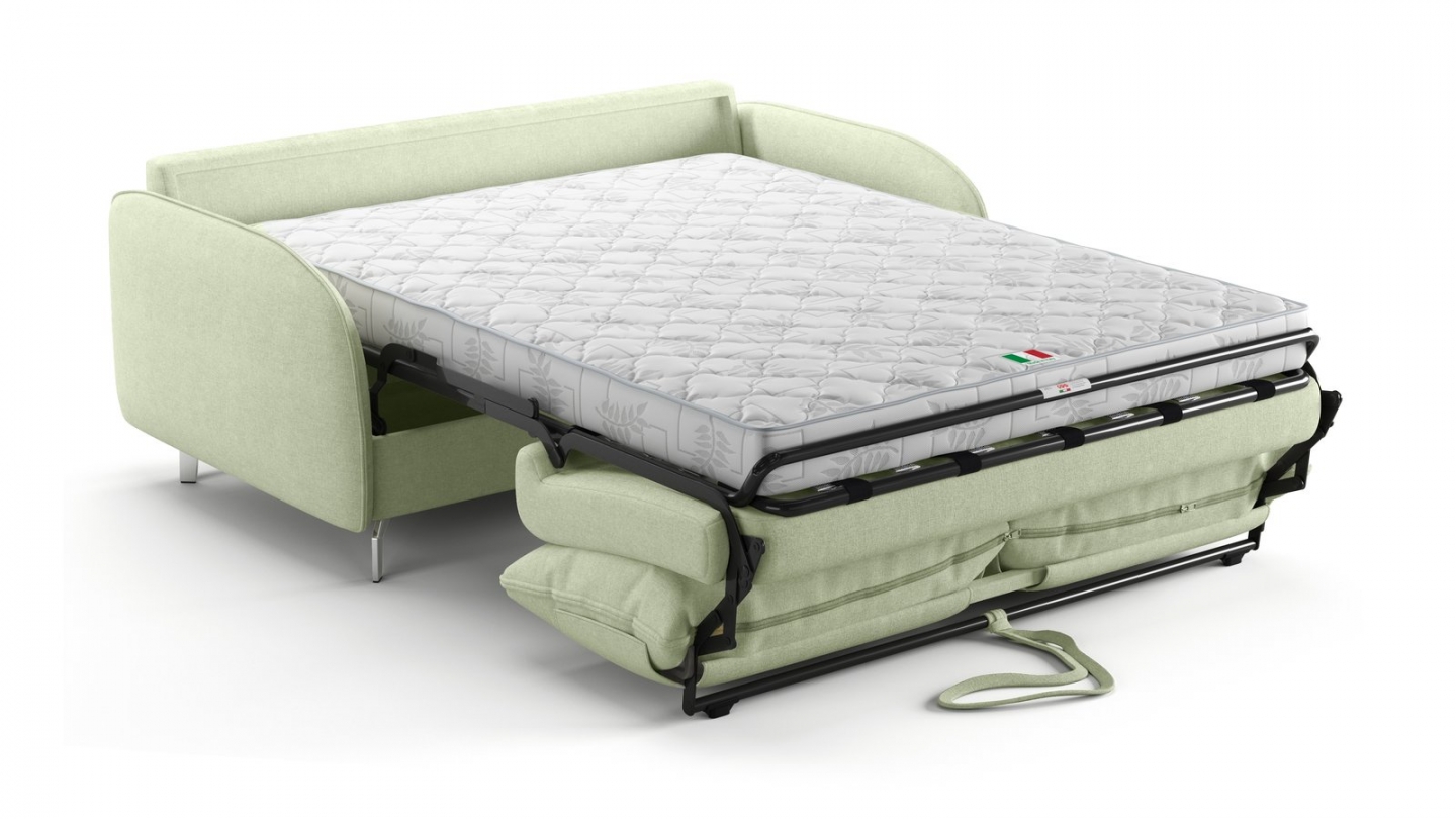 Canapé droit convertible 3 places en tissu chenille vert sauge - ouverture express - Novoli Canapé droit convertible 3 places en tissu chenille vert sauge - ouverture express - Novoli