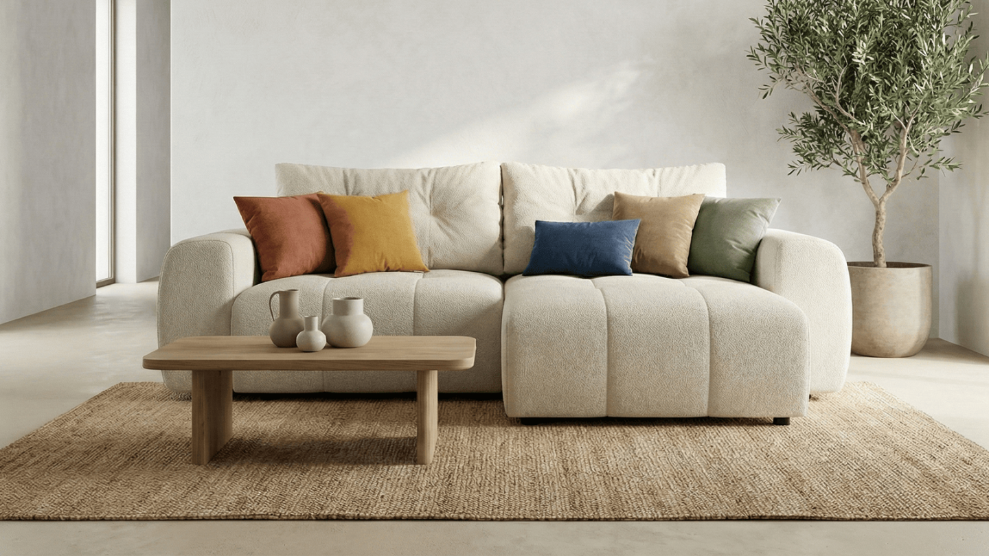 Canapé d'angle réversible convertible 4 places en tissu chenille beige - Alba Canapé d'angle réversible convertible 4 places en tissu chenille beige - Alba