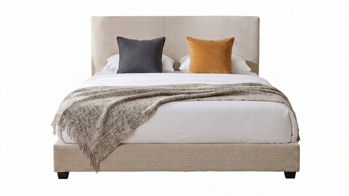 Lit adulte 160x200 cm avec tête de lit capitonnée en velours côtelé beige - William Lit adulte 160x200 cm avec tête de lit capitonnée en velours côtelé beige - William