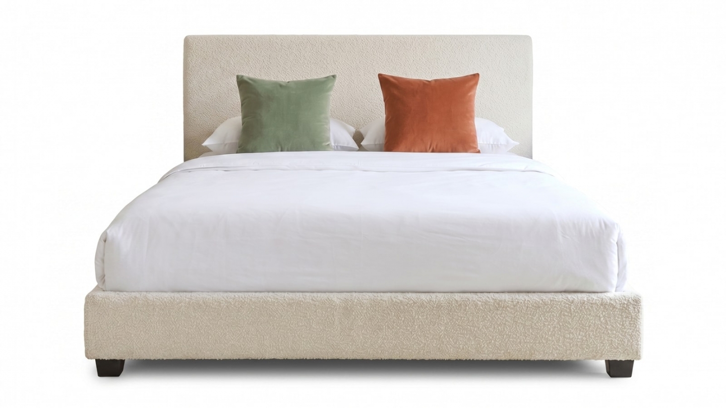 Lit adulte 160x200 cm avec tête de lit capitonnée en tissu bouclé beige - William Lit adulte 160x200 cm avec tête de lit capitonnée en tissu bouclé beige - William