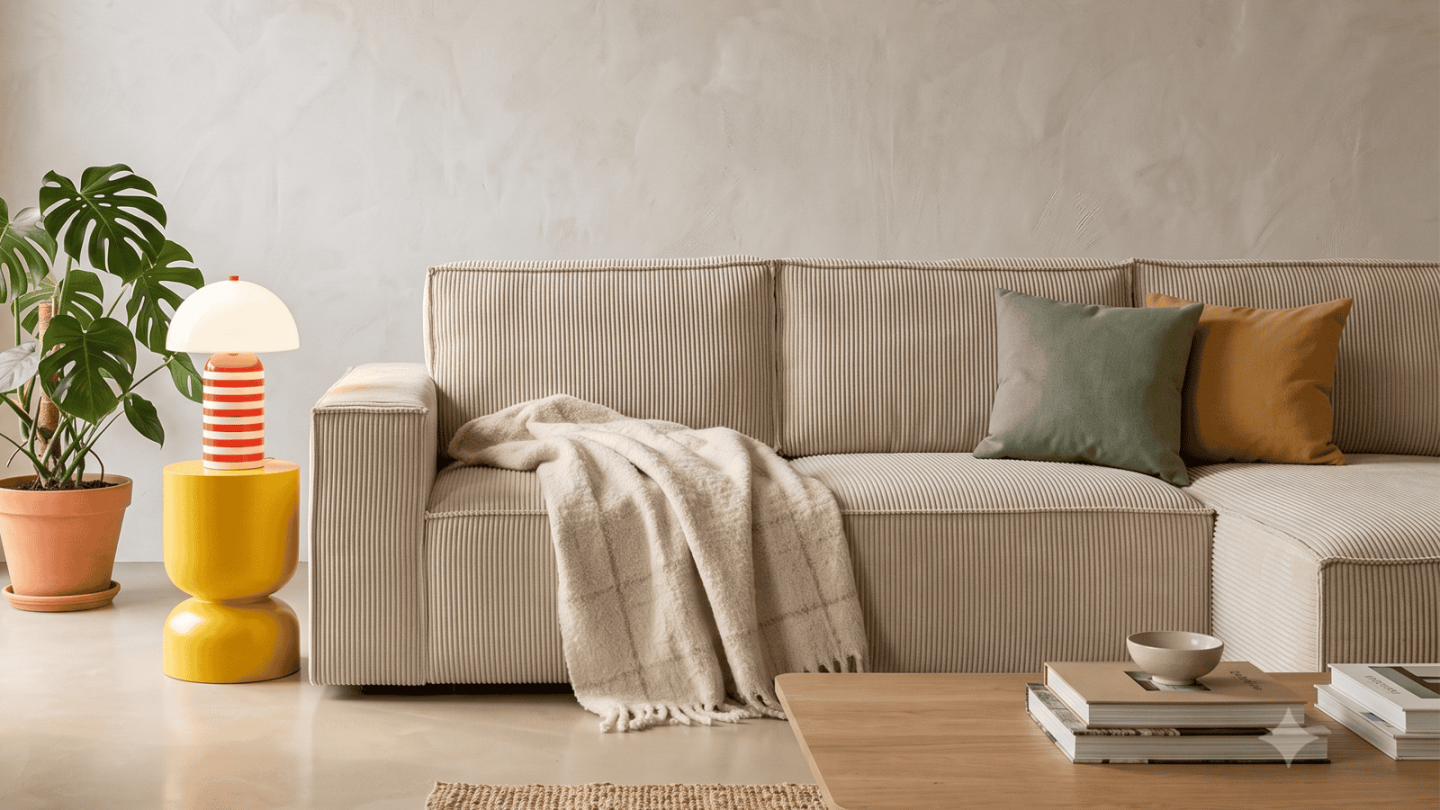 Canapé d'angle convertible réversible 5 places avec coffre de rangement en velours côtelé Beige - Collection Harper Canapé d'angle convertible réversible 5 places avec coffre de rangement en velours côtelé Beige - Collection Harper