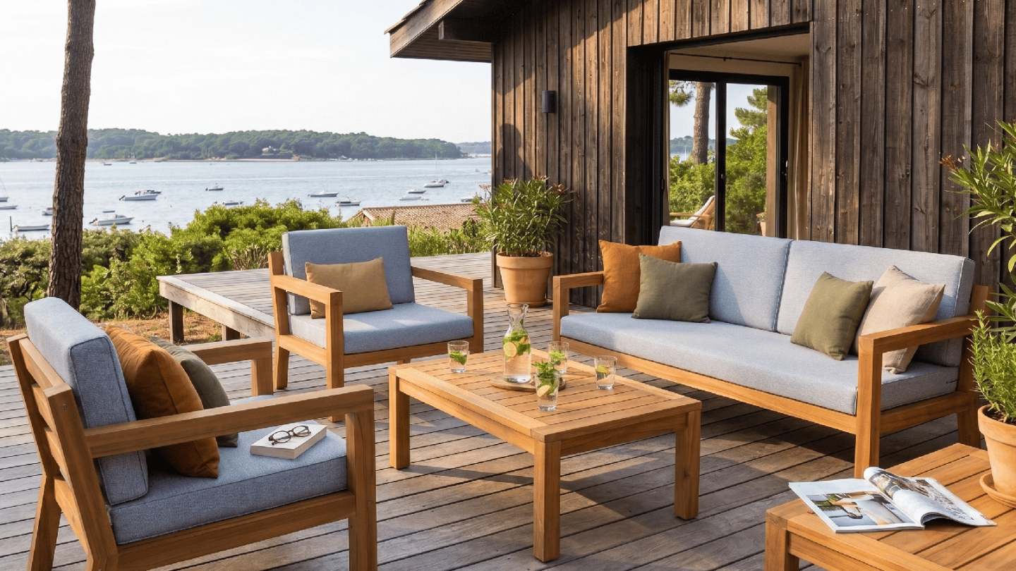 Salon de jardin 4 places en bois FSC - 1 canapé 2 places + 2 fauteuils - coussins gris chiné - Palau Salon de jardin 4 places en bois FSC - 1 canapé 2 places + 2 fauteuils - coussins gris chiné - Palau