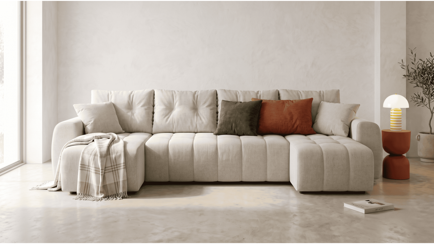 Canapé panoramique convertible 6 places en tissu chenille beige - Alba Canapé panoramique convertible 6 places en tissu chenille beige - Alba