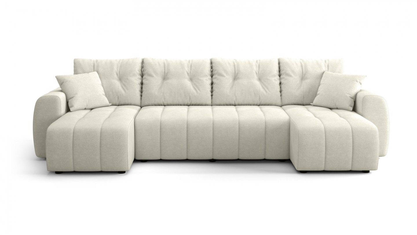 Canapé panoramique convertible 6 places en tissu chenille beige - Alba Canapé panoramique convertible 6 places en tissu chenille beige - Alba