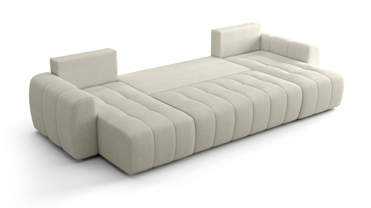 Canapé panoramique convertible 6 places en tissu chenille beige - Alba Canapé panoramique convertible 6 places en tissu chenille beige - Alba