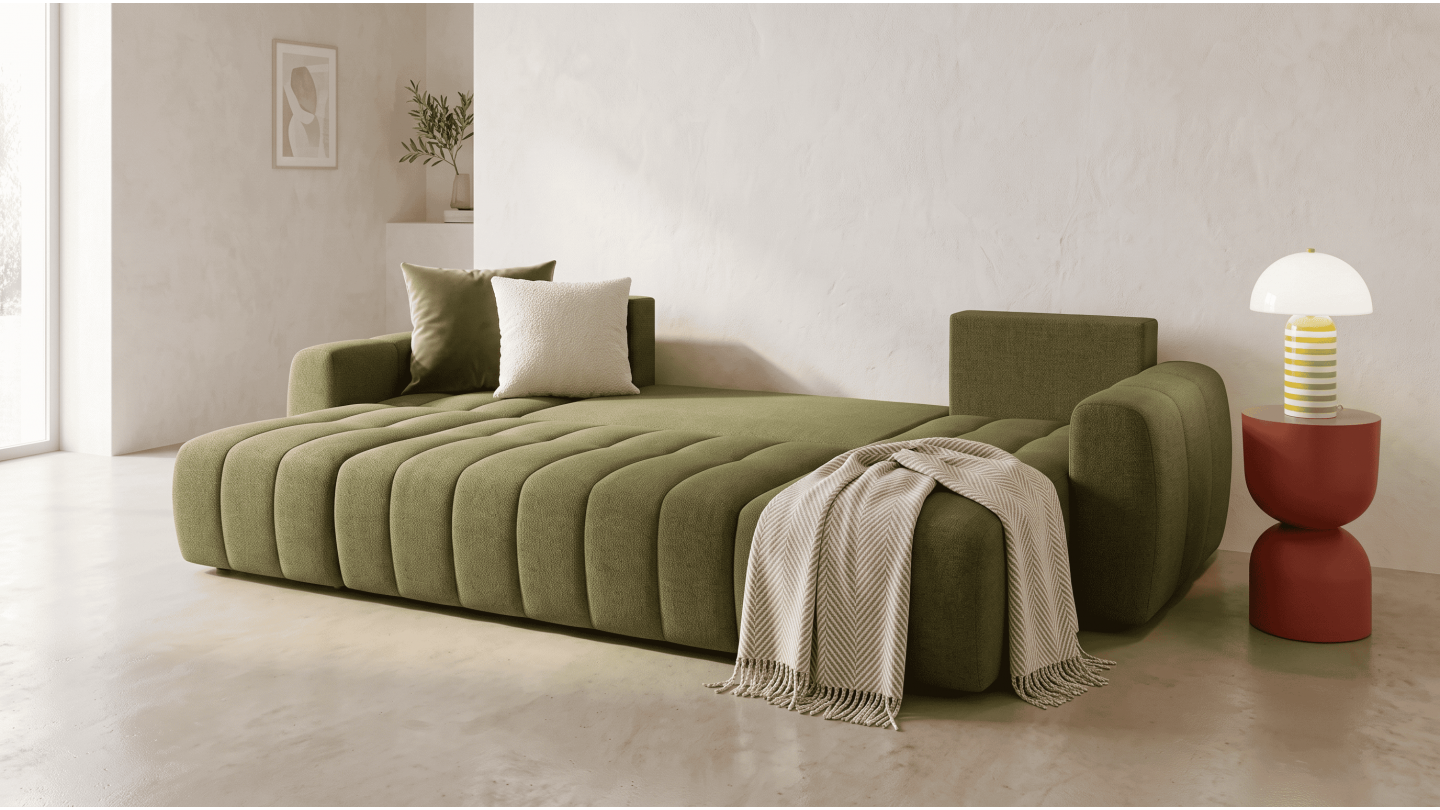 Canapé panoramique convertible 6 places en tissu chenille vert olive - Alba Canapé panoramique convertible 6 places en tissu chenille vert olive - Alba