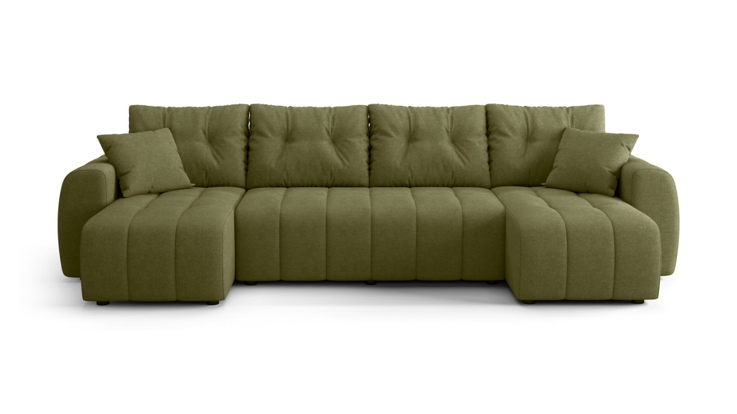 Canapé panoramique convertible 6 places en tissu chenille vert olive - Alba Canapé panoramique convertible 6 places en tissu chenille vert olive - Alba