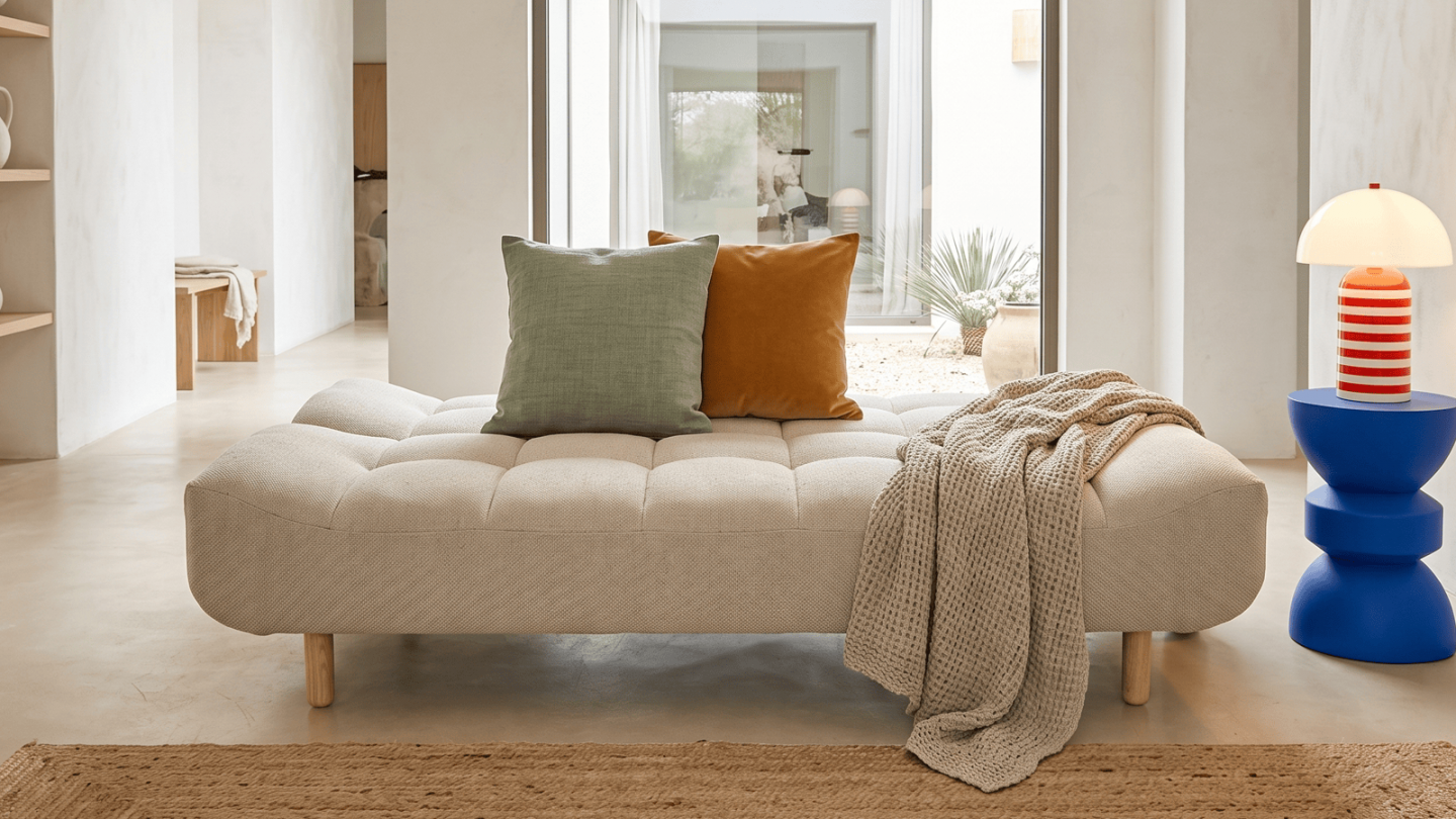 Canapé capitonné convertible 3 places en tissu chenille beige - Bumpy Canapé capitonné convertible 3 places en tissu chenille beige - Bumpy