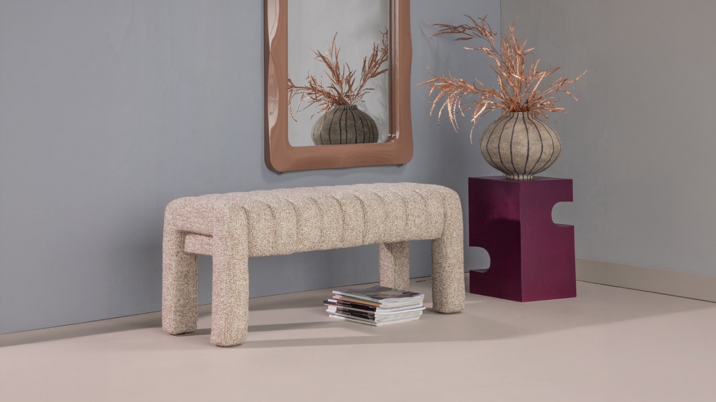 Banc en tissu bouclé bouclé matelassé taupe - Frex Banc en tissu bouclé bouclé matelassé taupe - Frex