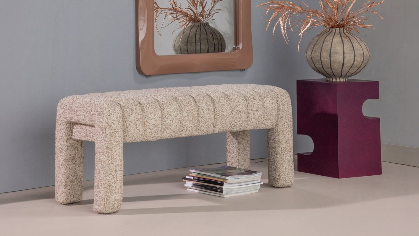 Banc en tissu bouclé bouclé matelassé taupe - Frex Banc en tissu bouclé bouclé matelassé taupe - Frex