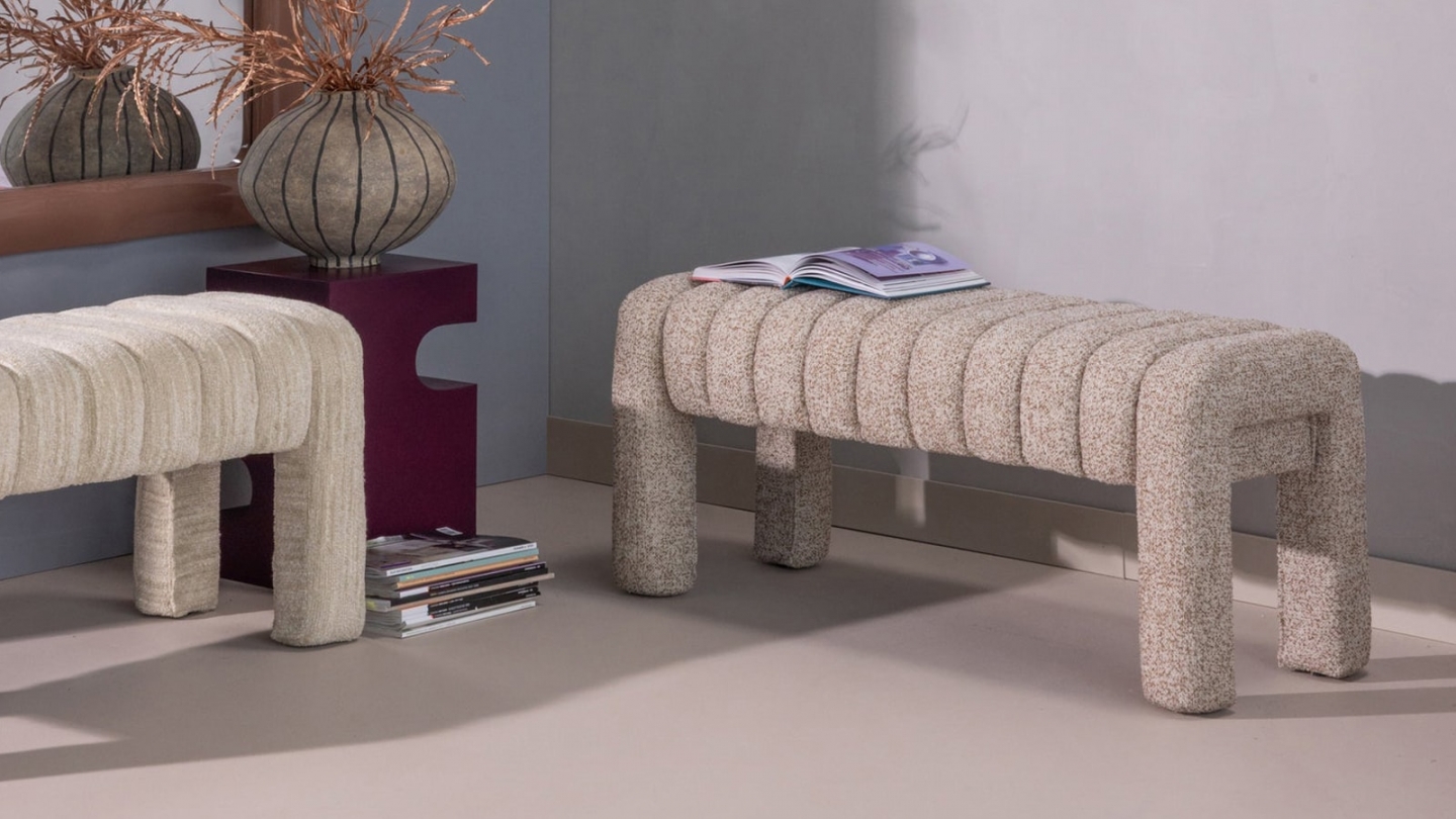 Banc en tissu bouclé bouclé matelassé taupe - Frex Banc en tissu bouclé bouclé matelassé taupe - Frex