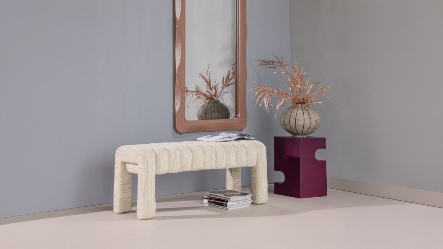 Banc en tissu bouclé bouclé matelassé beige - Frex Banc en tissu bouclé bouclé matelassé beige - Frex