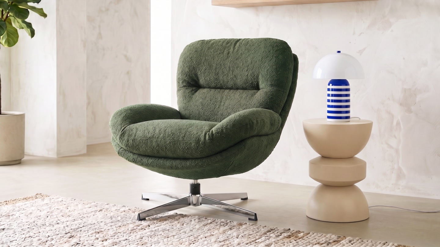 Fauteuil pivotant en tissu bouclé vert kaki et piètement chromé - Oli Fauteuil pivotant en tissu bouclé vert kaki et piètement chromé - Oli