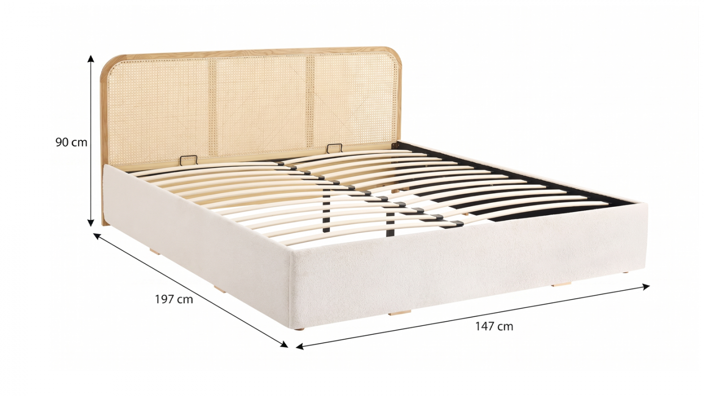 Lit coffre adulte 140x190 cm en tissu bouclé beige avec tête de lit en bois et cannage - Elsa Lit coffre adulte 140x190 cm en tissu bouclé beige avec tête de lit en bois et cannage - Elsa