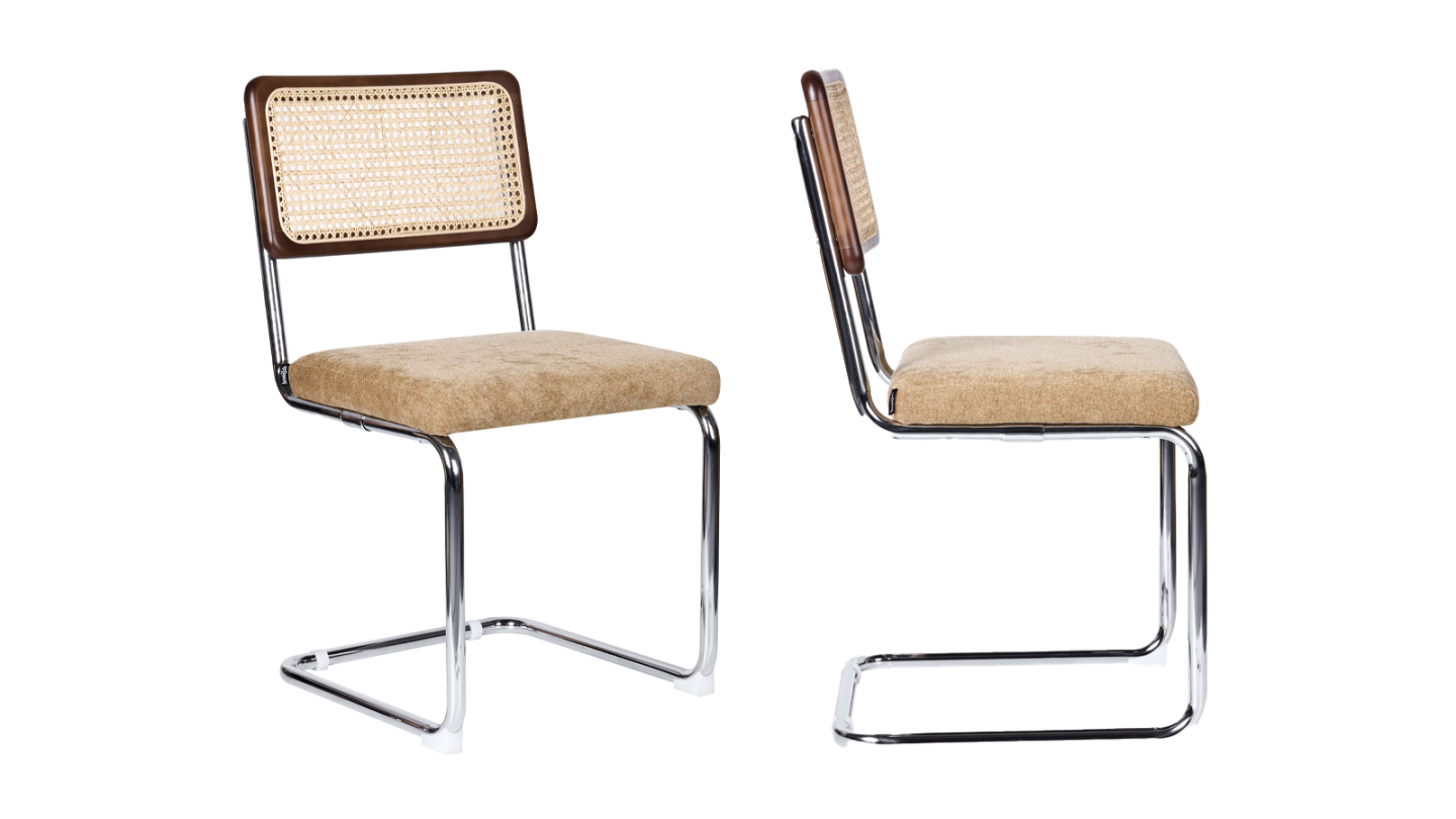 Lot de 2 chaises en cannage, tissu chenille camel et piètement chromé - Muse Lot de 2 chaises en cannage, tissu chenille camel et piètement chromé - Muse