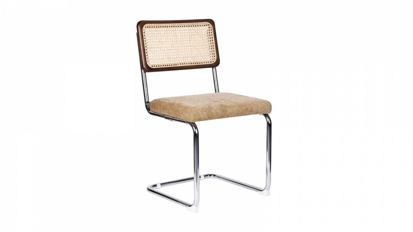 Lot de 2 chaises en cannage, tissu chenille camel et piètement chromé - Muse Lot de 2 chaises en cannage, tissu chenille camel et piètement chromé - Muse
