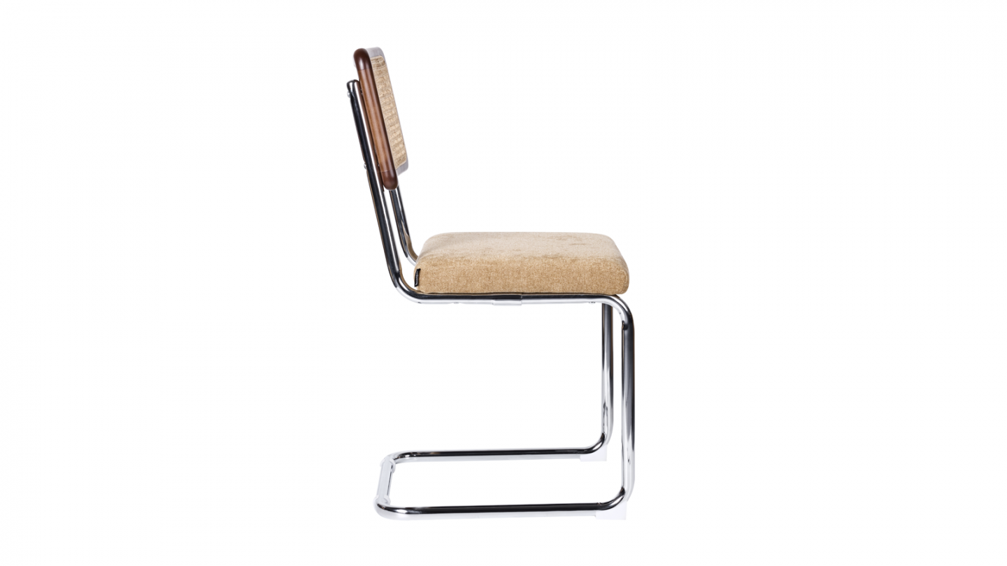 Lot de 2 chaises en cannage, tissu chenille camel et piètement chromé - Muse Lot de 2 chaises en cannage, tissu chenille camel et piètement chromé - Muse