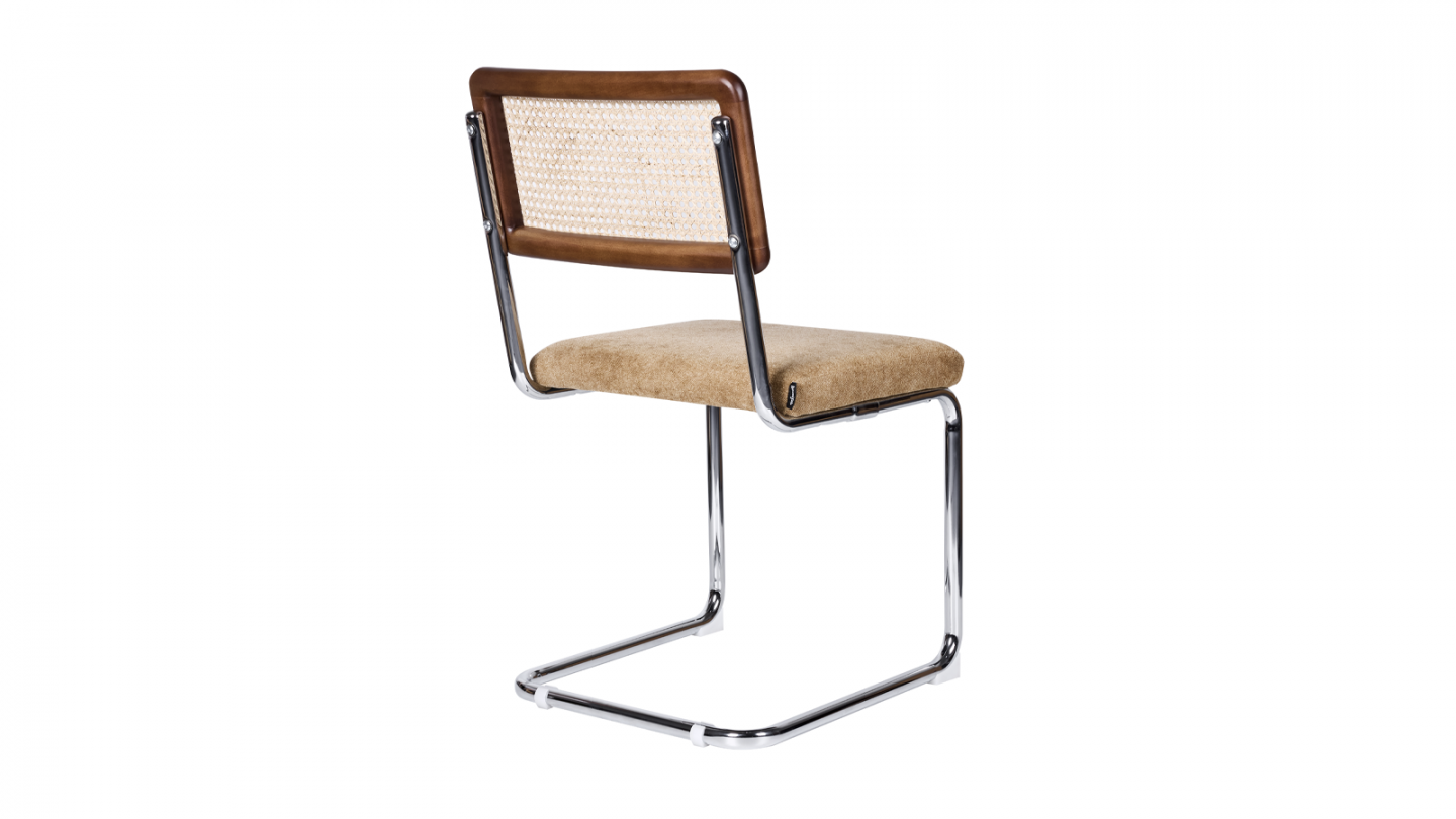 Lot de 2 chaises en cannage, tissu chenille camel et piètement chromé - Muse Lot de 2 chaises en cannage, tissu chenille camel et piètement chromé - Muse